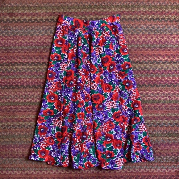 VINTAGE RED & PURPLE FLORAL MIDI MAXI LONG SKIRT PLEATED FLOWY - Picture 2 of 4